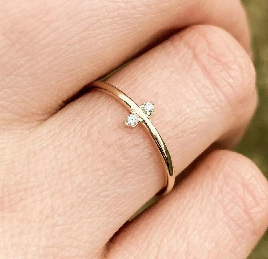 Round Cut Tiny Round Diamond Pinky Dainty Minimalist Ring in 14k Solid Gold For Sale