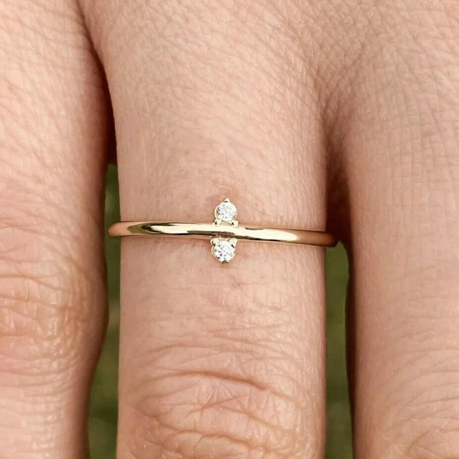 Tiny Round Diamond Pinky Dainty Minimalist Ring in 14k Solid Gold In New Condition For Sale In Chicago, IL