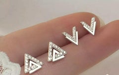 14K Solid Gold Triangle V Shape Stud Earrings Diamond