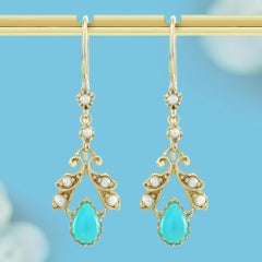 14K Solid Gold Turquoise and Pearl Vintage Style Floral Drop Earrings