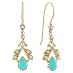 14K Solid Gold Turquoise and Pearl Vintage Style Floral Drop Earrings