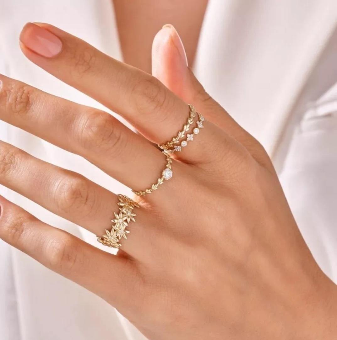 14K Solid Gold Vine Wedding Ring gold Leaf Stacking Floral ring Band For Girls For Sale 1