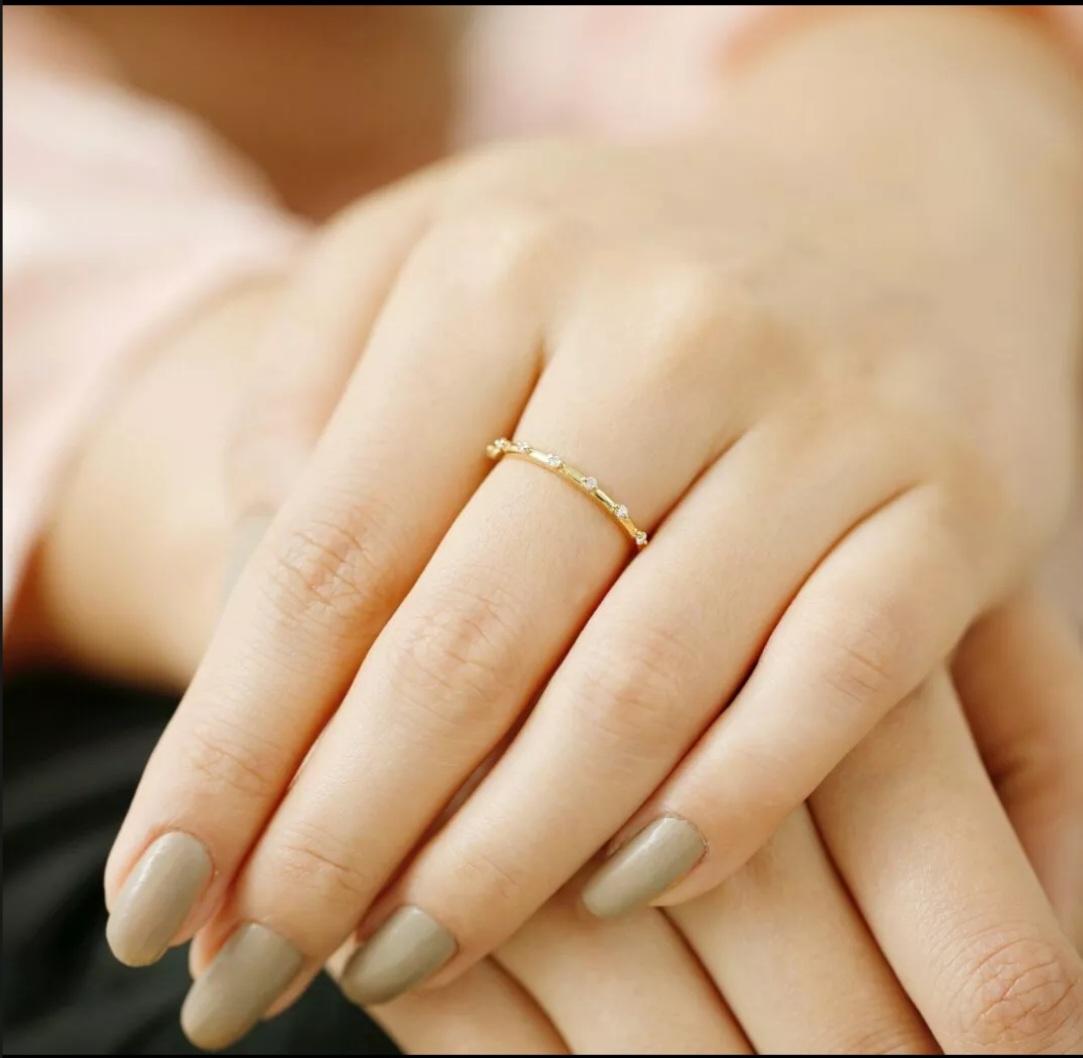 Art Deco 14k Solid Gold Wedding Band Minimalist Diamond Stacking Half Eternity Ring Band For Sale