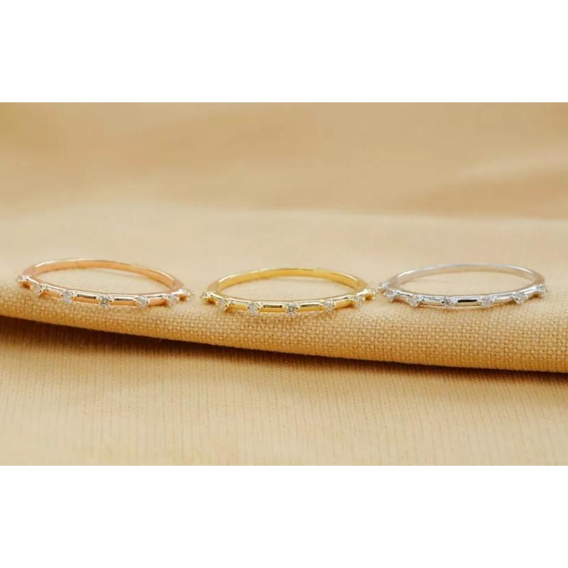 Round Cut 14k Solid Gold Wedding Band Minimalist Diamond Stacking Half Eternity Ring For Sale