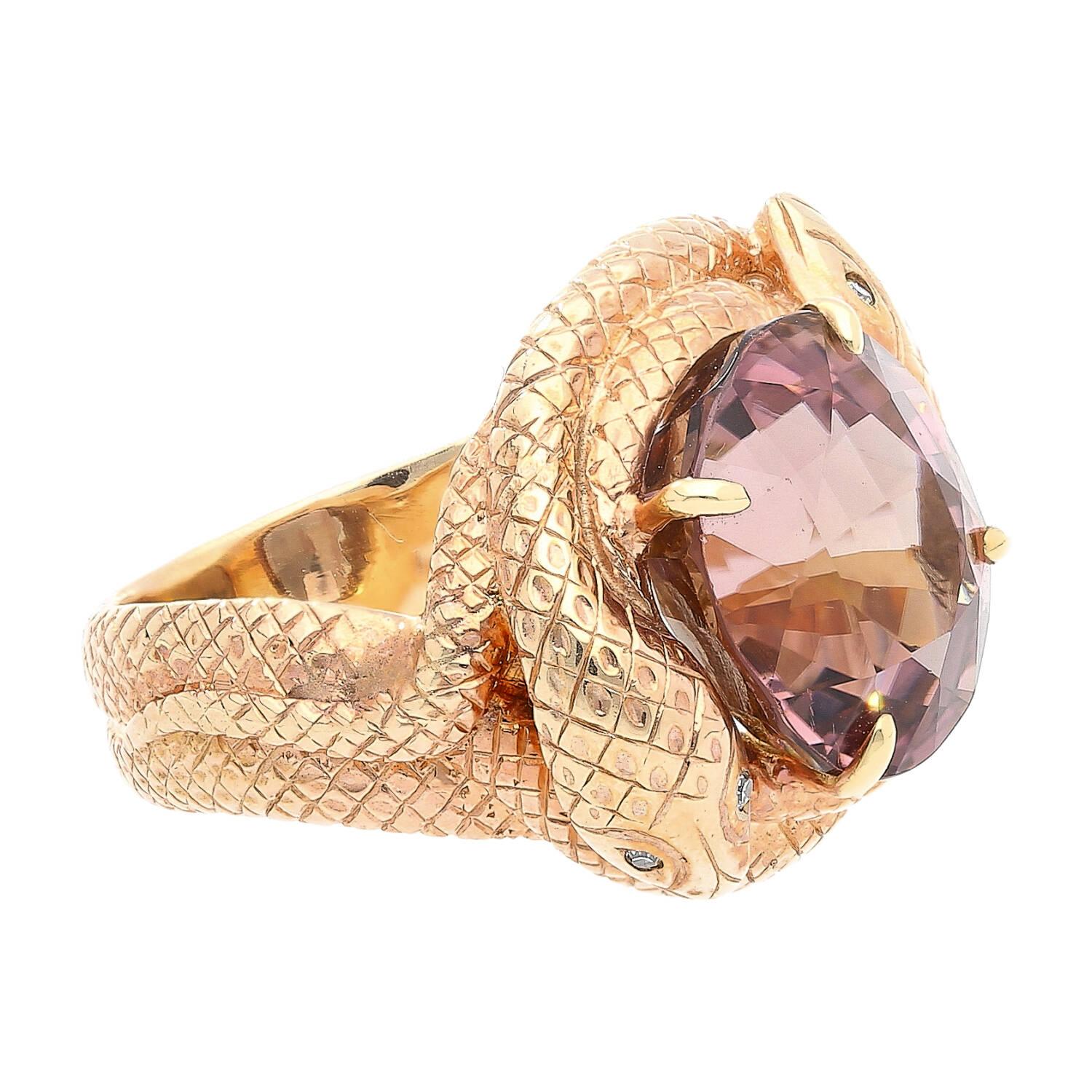 Modern 14k Solid Gold Wrapping Serpentine Snake Ring with 10 Carat Pink Tourmaline For Sale