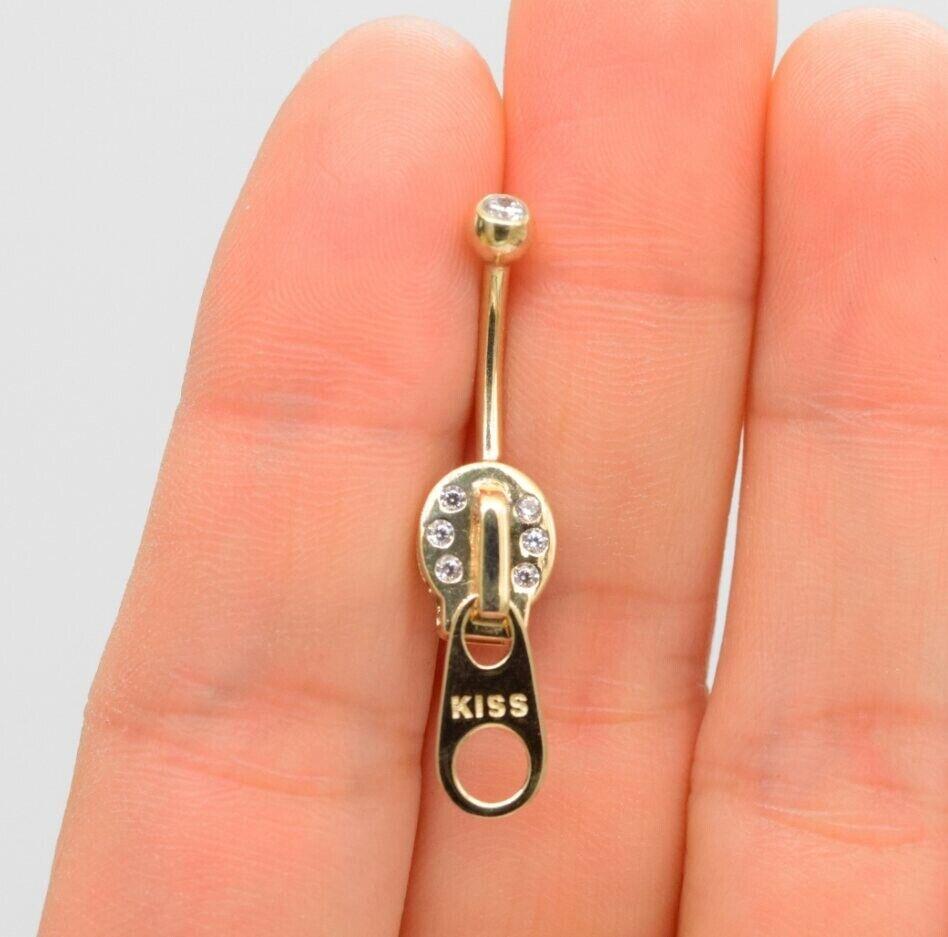 Round Cut 14K Solid Gold Zipper Belly Button Ring Navel Barbell Piercings For Sale