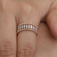 14K Solid Rose Gold Baguette Diamond Beaded Double-Row Eternity Band Ring