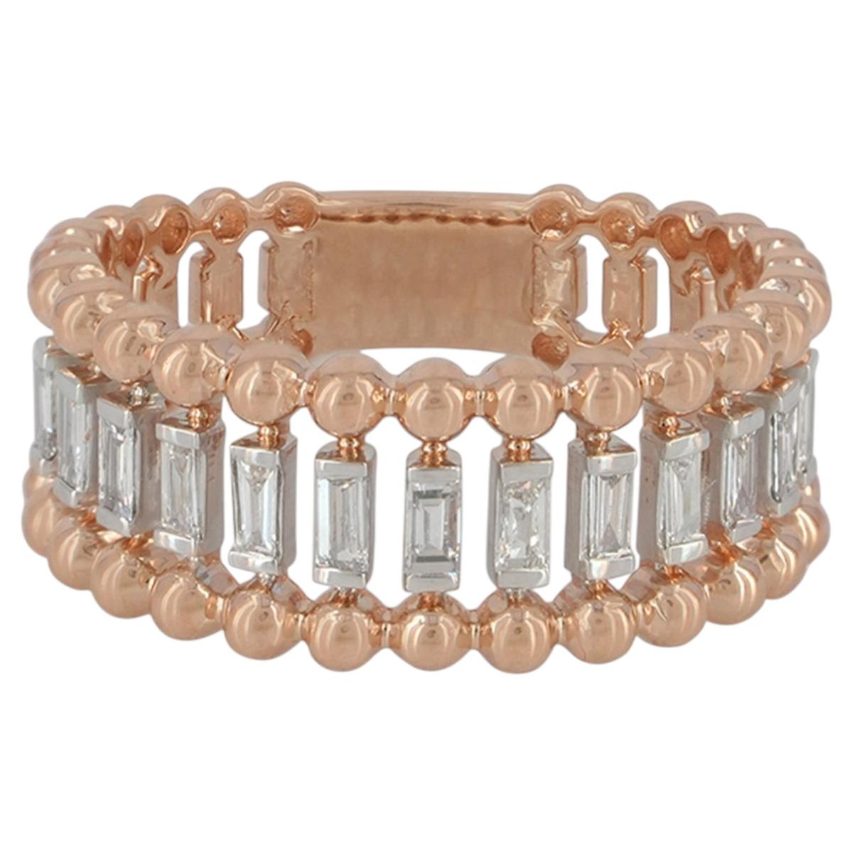 14K Solid Rose Gold Baguette Diamond Beaded Double-Row Eternity Band Ring For Sale