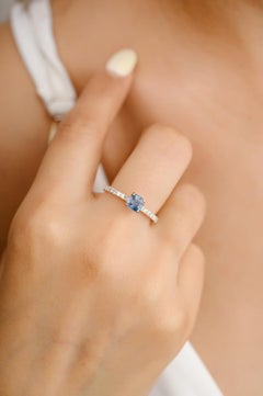 14k Solid Rose Gold Diamond and Cushion Cut Blue Sapphire Ring