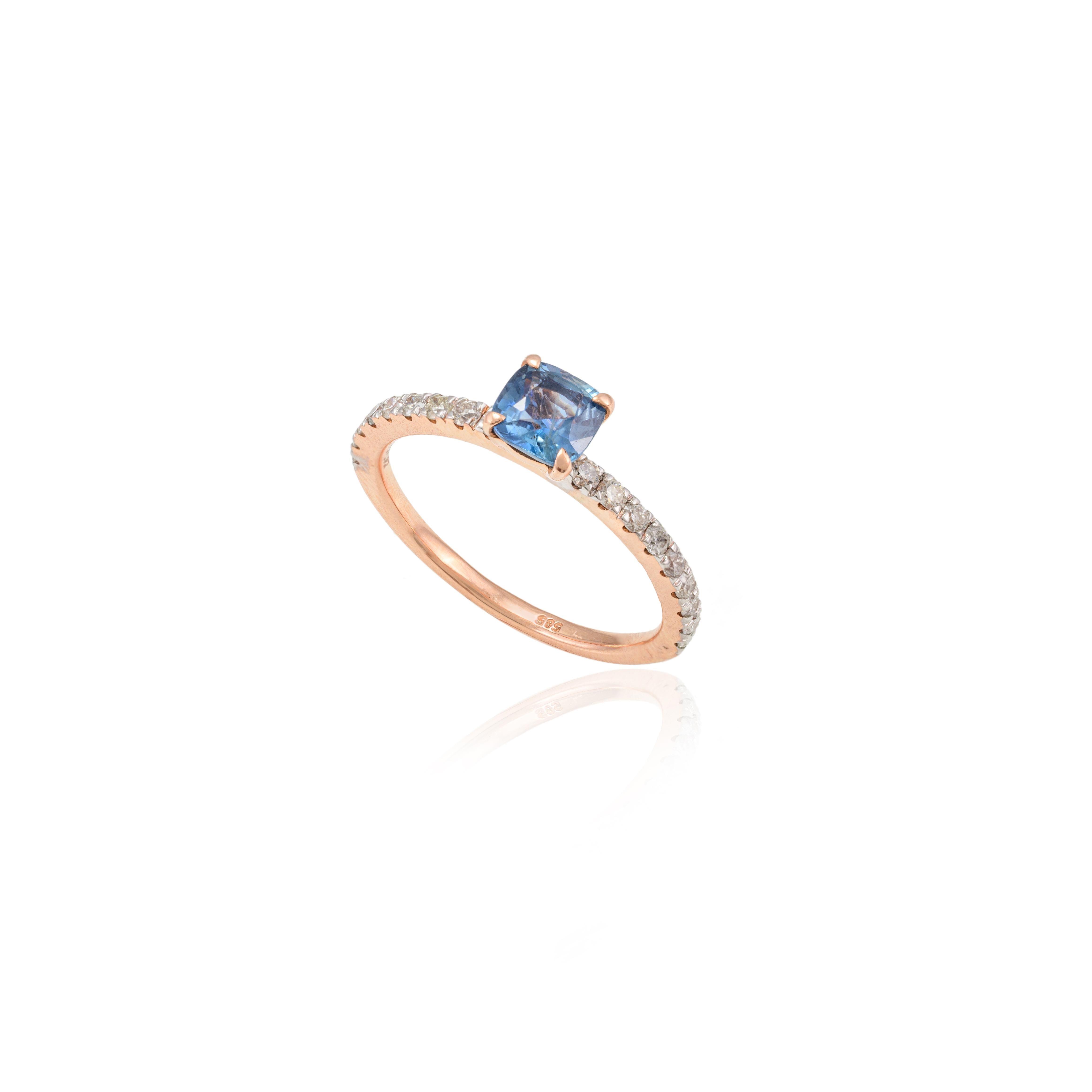 For Sale:  14k Solid Rose Gold Diamond and Cushion Cut Blue Sapphire Ring 3