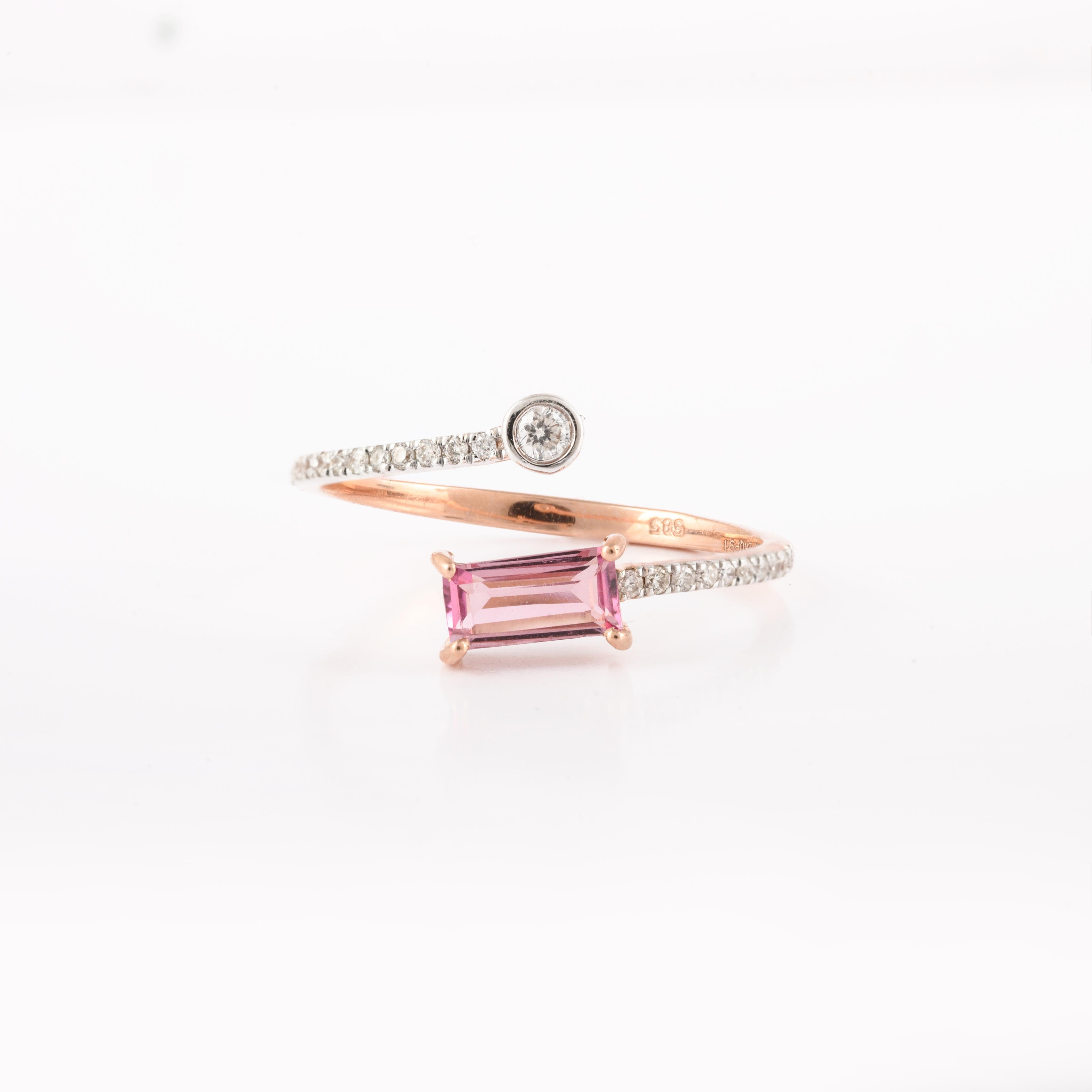 For Sale:  14k Solid Rose Gold Diamond and Baguette Cut Pink Tourmaline Wrap Ring 3