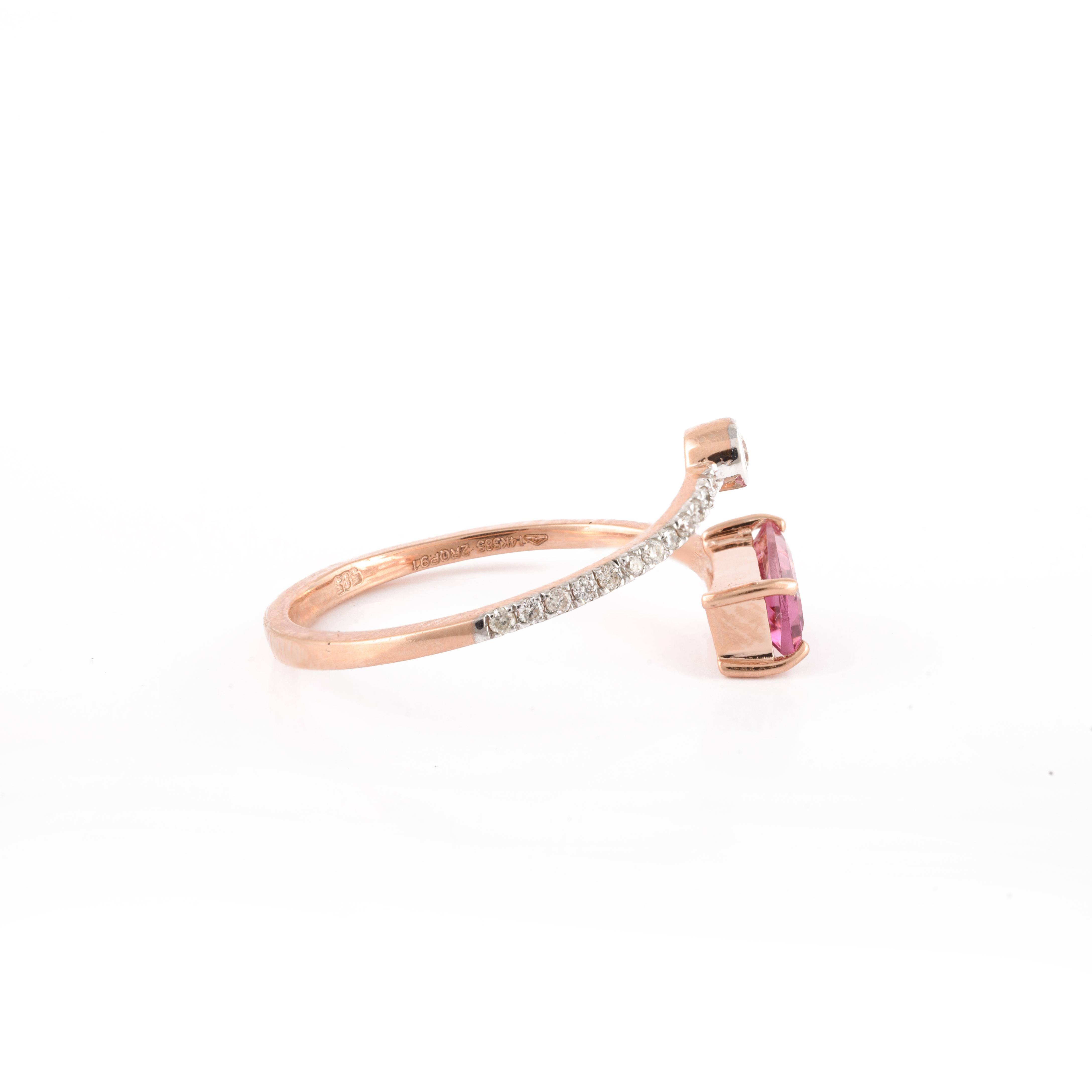 For Sale:  14k Solid Rose Gold Diamond and Baguette Cut Pink Tourmaline Wrap Ring 5