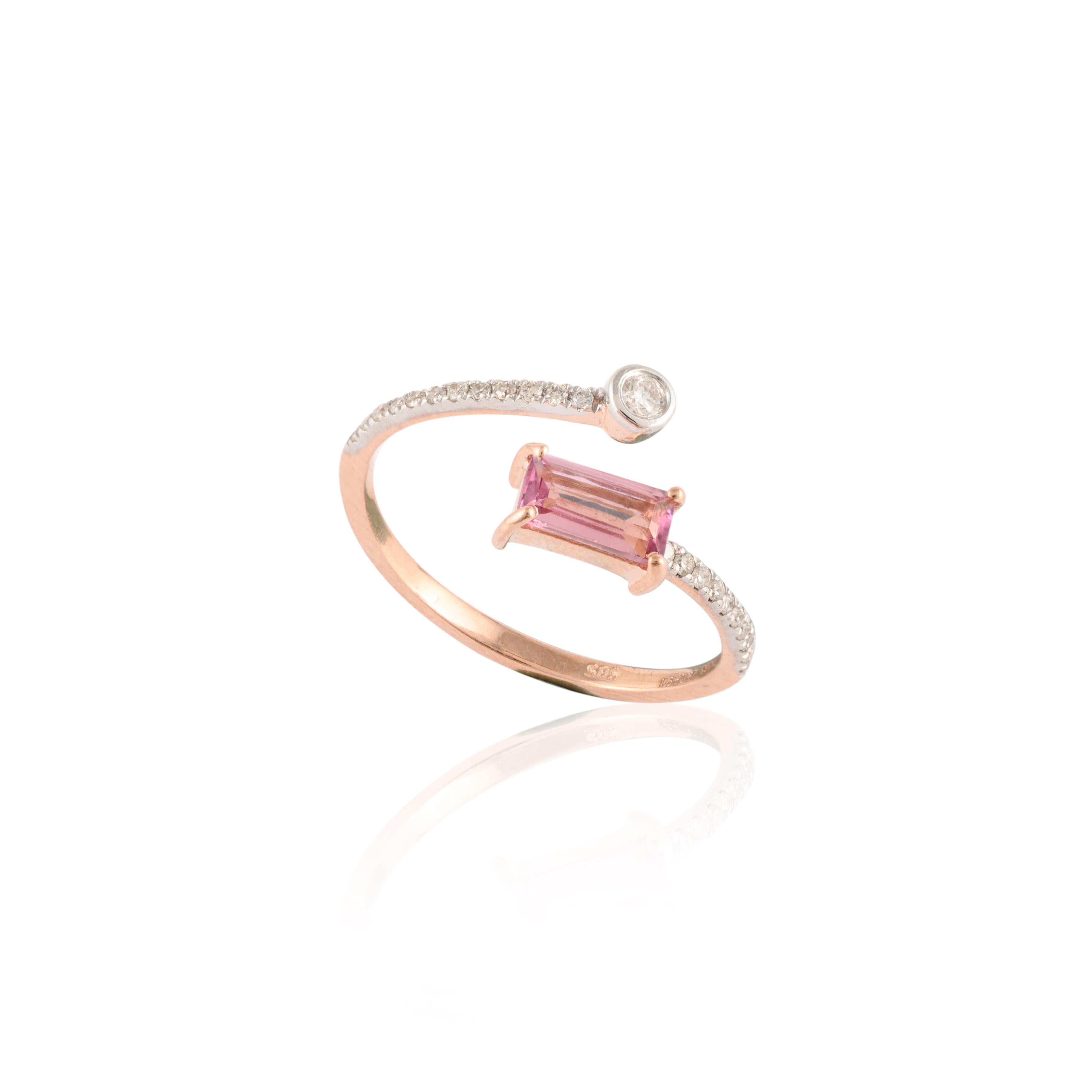 For Sale:  14k Solid Rose Gold Diamond and Baguette Cut Pink Tourmaline Wrap Ring 9