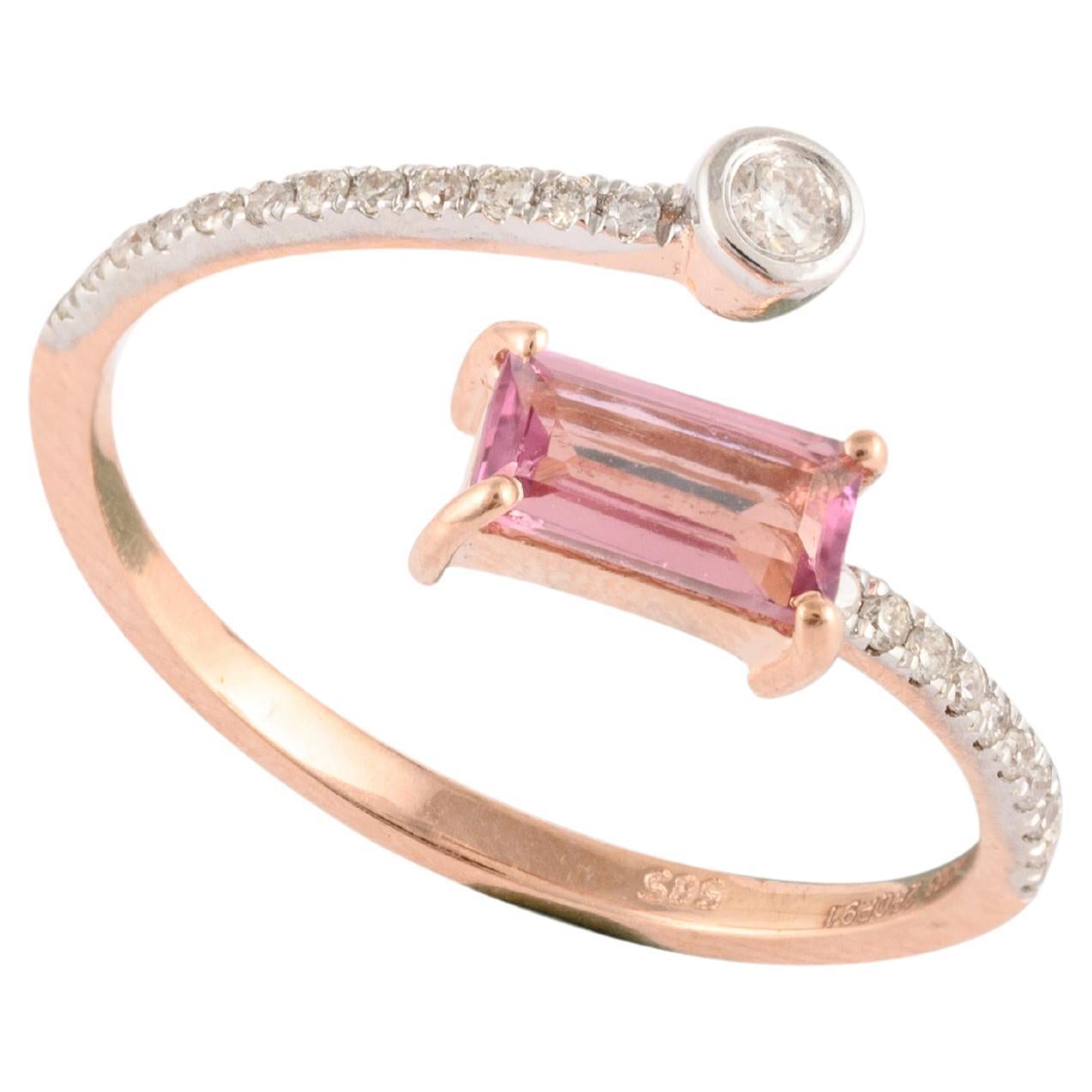 For Sale:  14k Solid Rose Gold Diamond and Baguette Cut Pink Tourmaline Wrap Ring