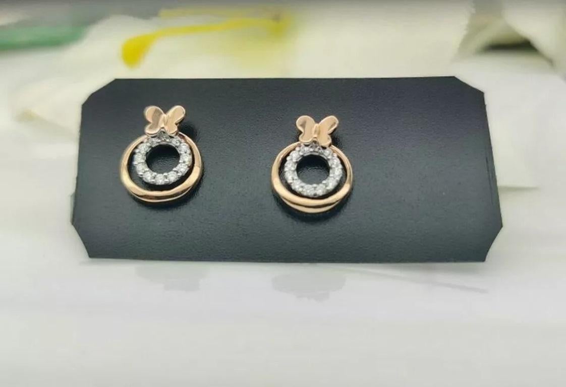 14k Solid Rose Gold Diamond Butterfly Charm Wedding Stud Earrings In New Condition For Sale In Chicago, IL