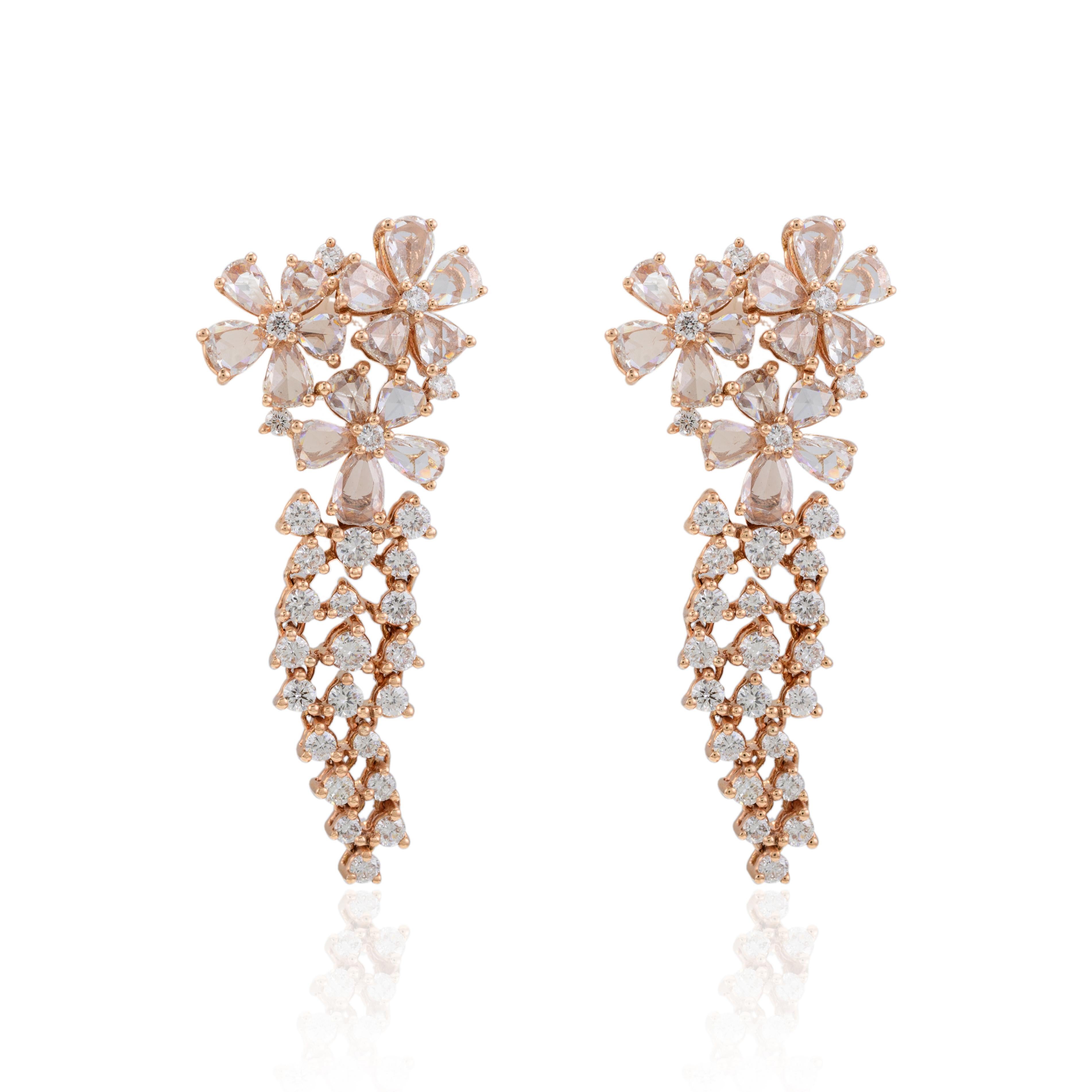 Modernist 14k Solid Rose Gold Diamond Chandelier Earrings For Women, Fine Jewelry For Sale