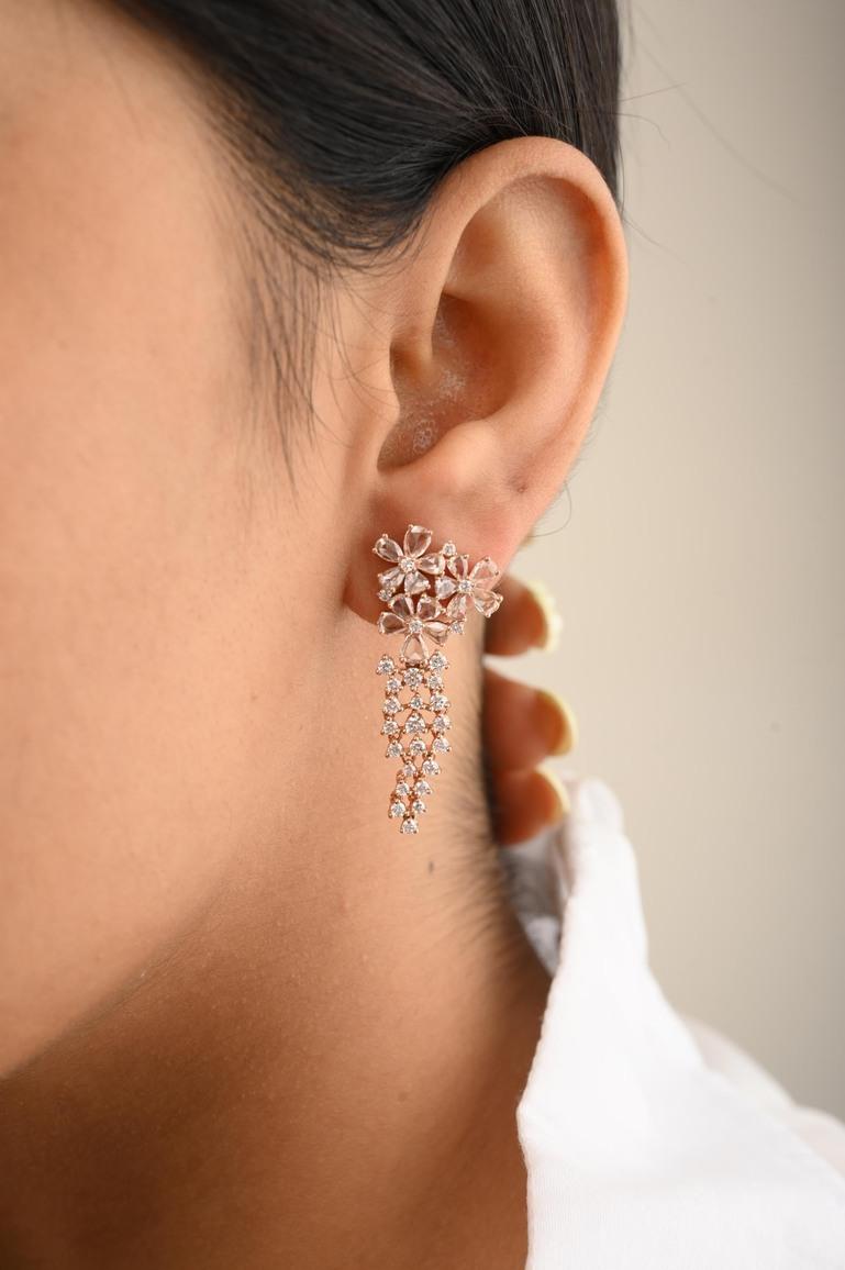 Mixed Cut 14k Solid Rose Gold Diamond Chandelier Earrings For Women, Fine Jewelry For Sale