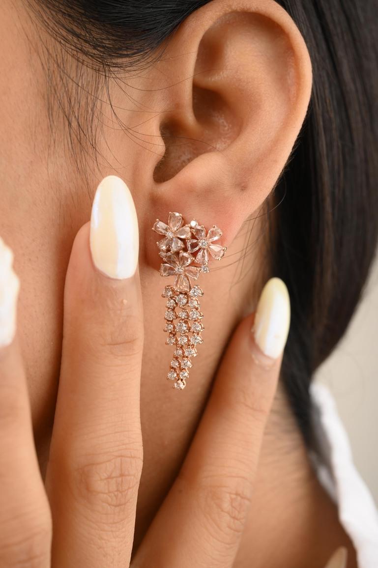 14k Solid Rose Gold Diamond Chandelier Earrings For Women, Fine Jewelry In New Condition For Sale In Houston, TX