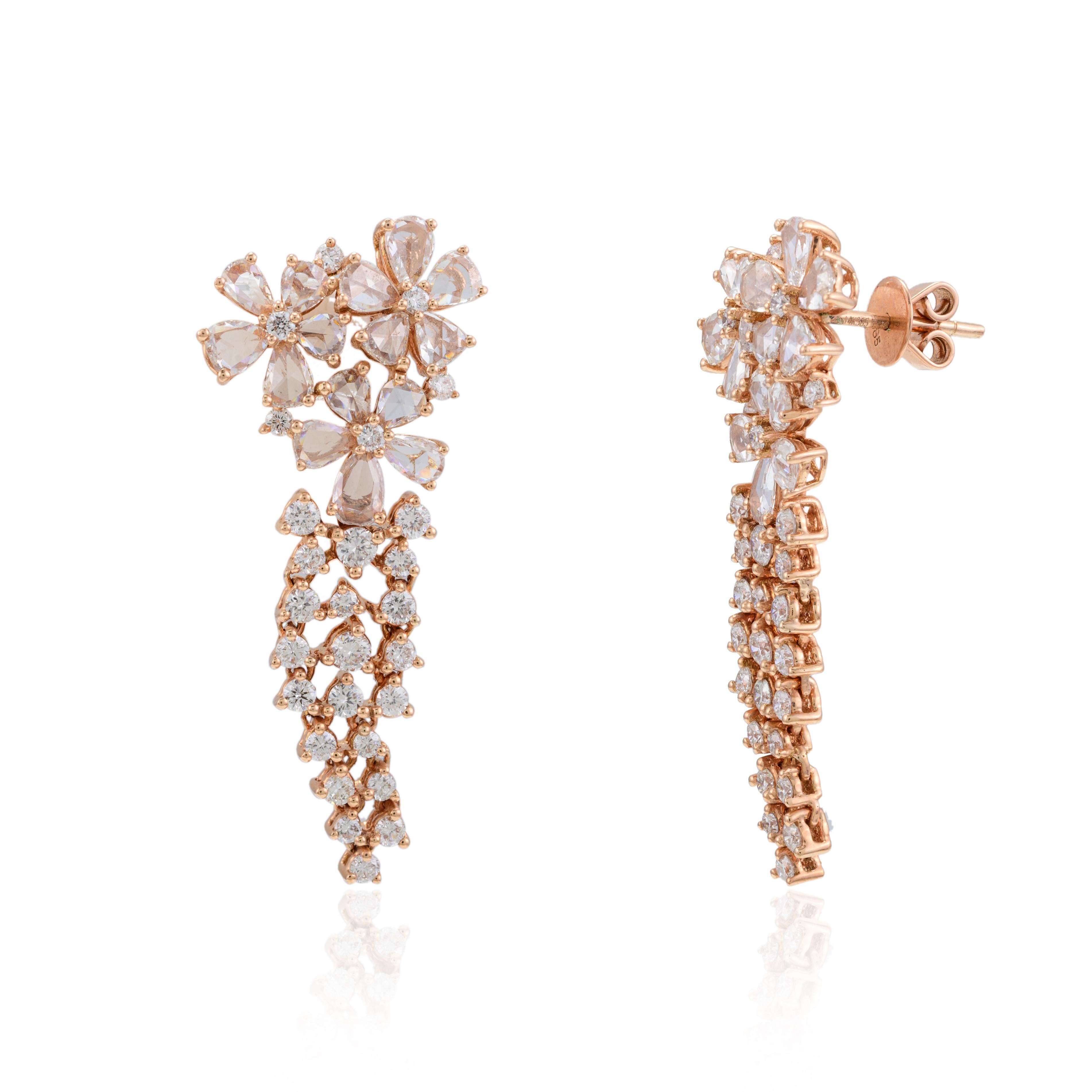 Women's 14k Solid Rose Gold Diamond Chandelier Earrings For Women, Fine Jewelry For Sale