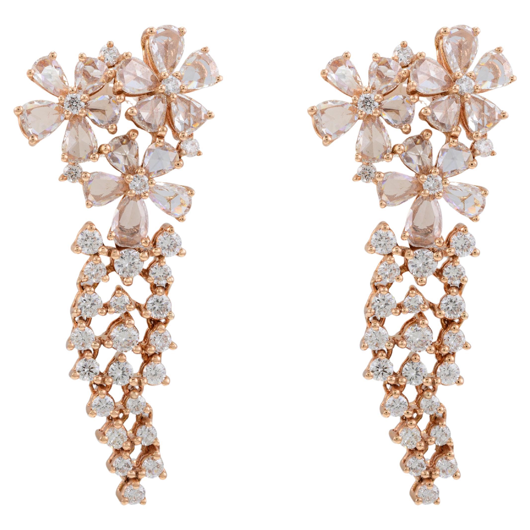 14k Solid Rose Gold Diamond Chandelier Earrings For Women, Fine Jewelry For Sale