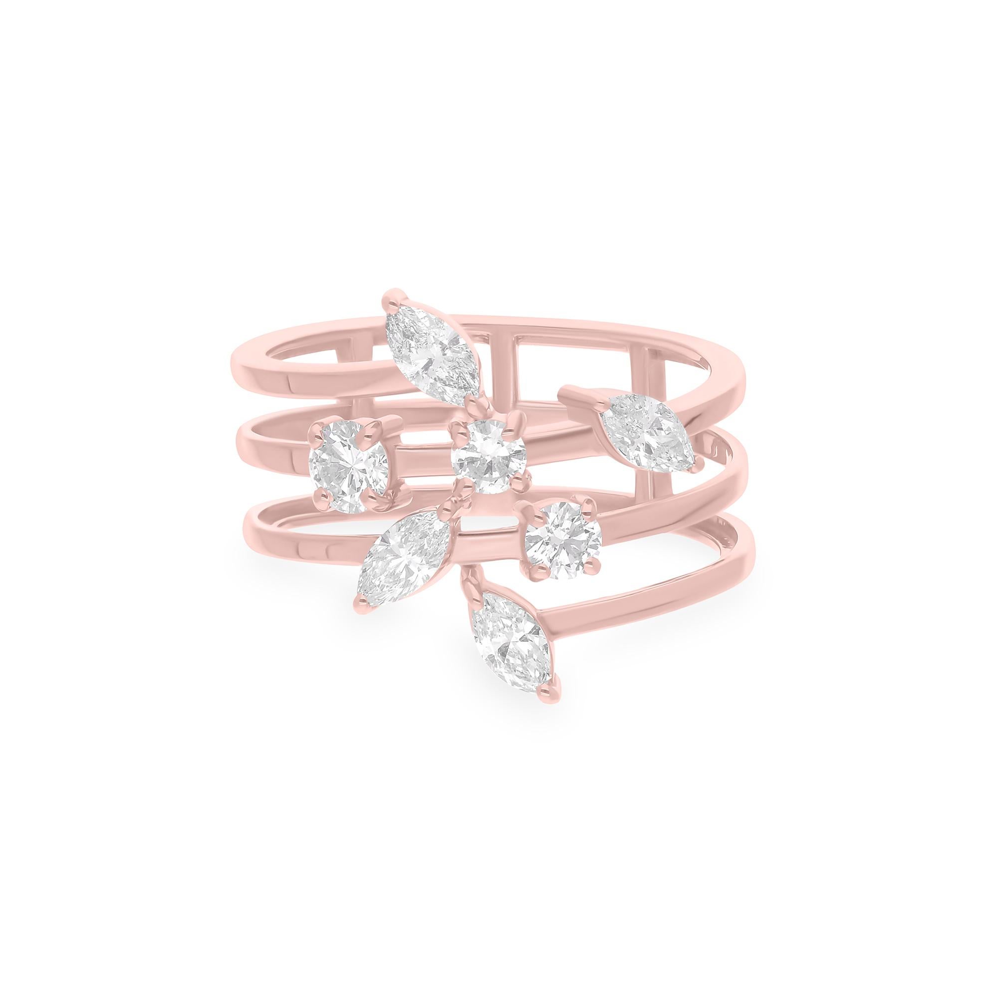 For Sale:  14K Solid Rose Gold Mixed Cut Multi-Band Crossover Diamond Engagement Ring 6