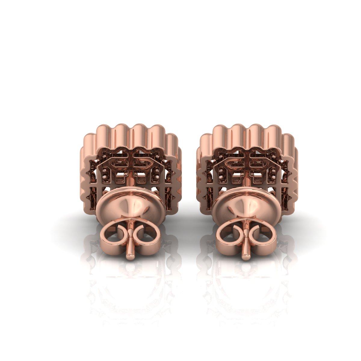 14k solide Rose Gold SI Klarheit HI Farbe Diamant Halo Cluster Ohrstecker
Diese wunderschönen Ohrstecker zeigen ein rechteckiges Cluster-Design mit einem zentralen Diamanten im Baguetteschliff, der von einem doppelten Halo aus Diamanten im