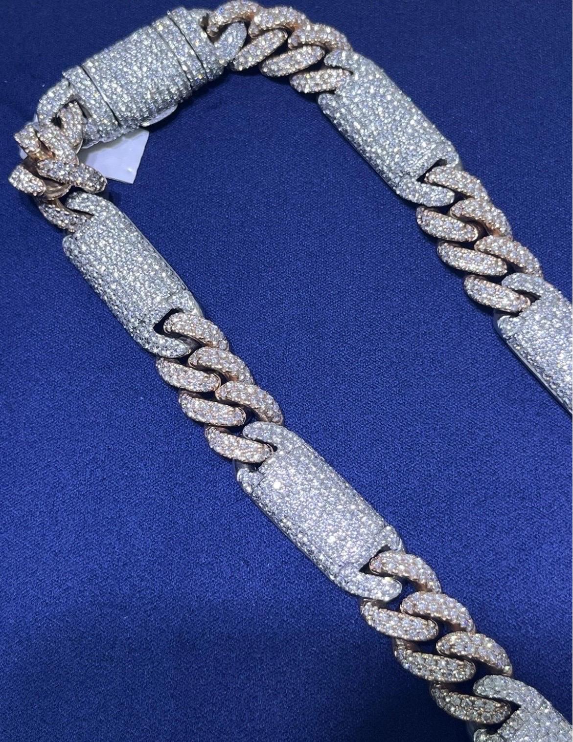 14k Solid Two-Tone Rose & White Gold Natural Diamond Miami Cuban Link Chain For Sale 5