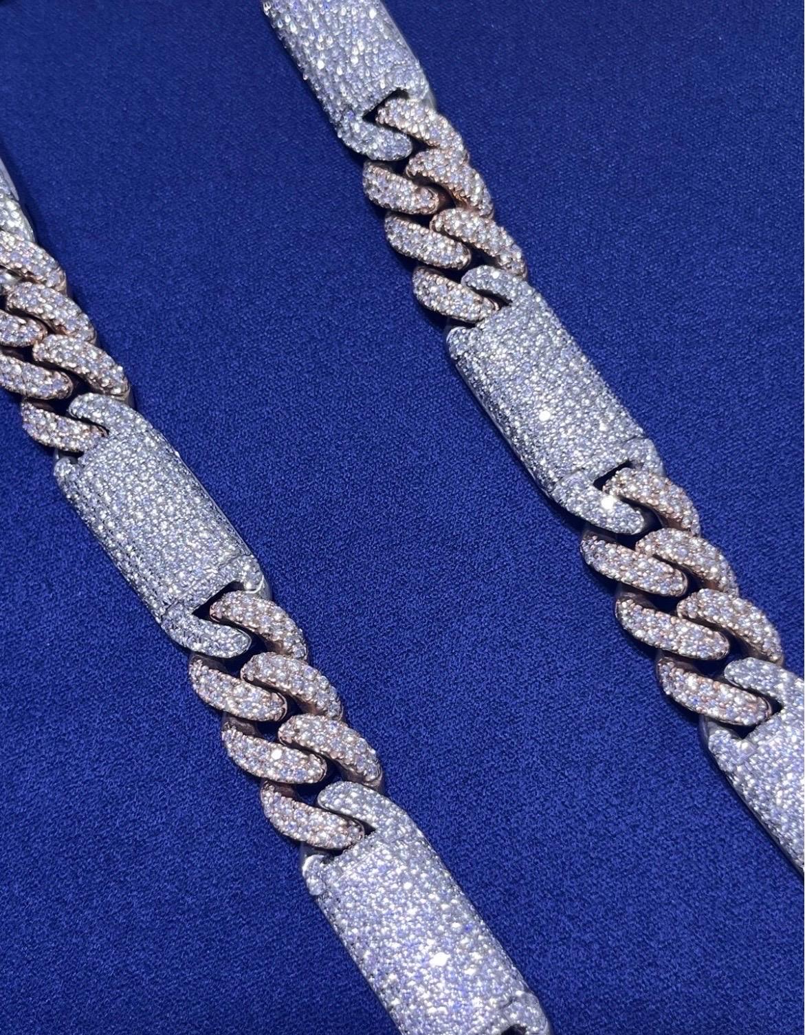 14k Solid Two-Tone Rose & White Gold Natural Diamond Miami Cuban Link Chain For Sale 6