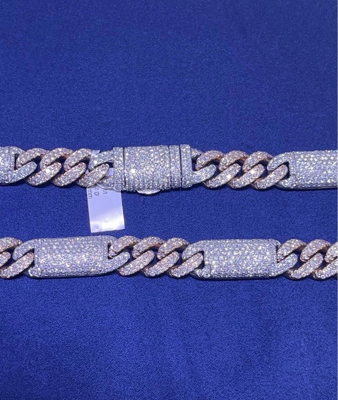 14k Solid Two-Tone Rose & White Gold Natural Diamond Miami Cuban Link Chain For Sale 7