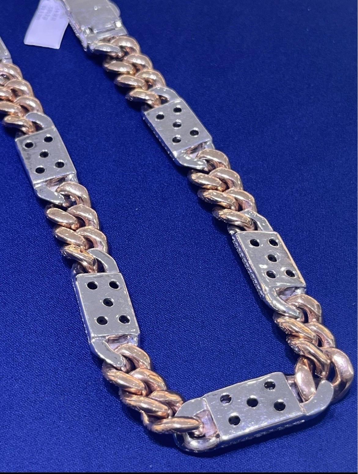 14k Solid Two-Tone Rose & White Gold Natural Diamond Miami Cuban Link Chain For Sale 8