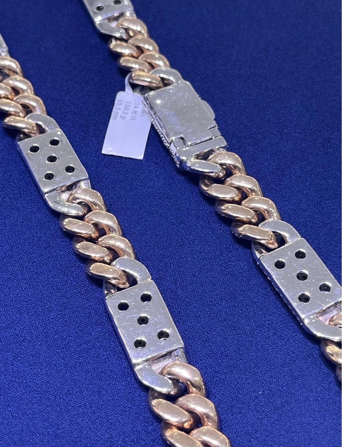 14k Solid Two-Tone Rose & White Gold Natural Diamond Miami Cuban Link Chain For Sale 9