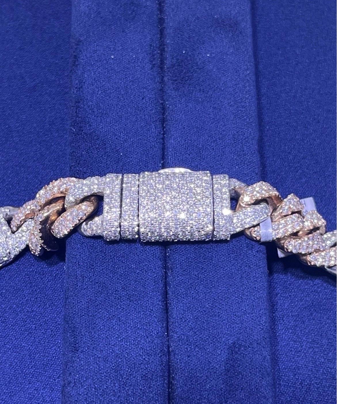 14k Solid Two-Tone Rose & White Gold Natural Diamond Miami Cuban Link Chain For Sale 11