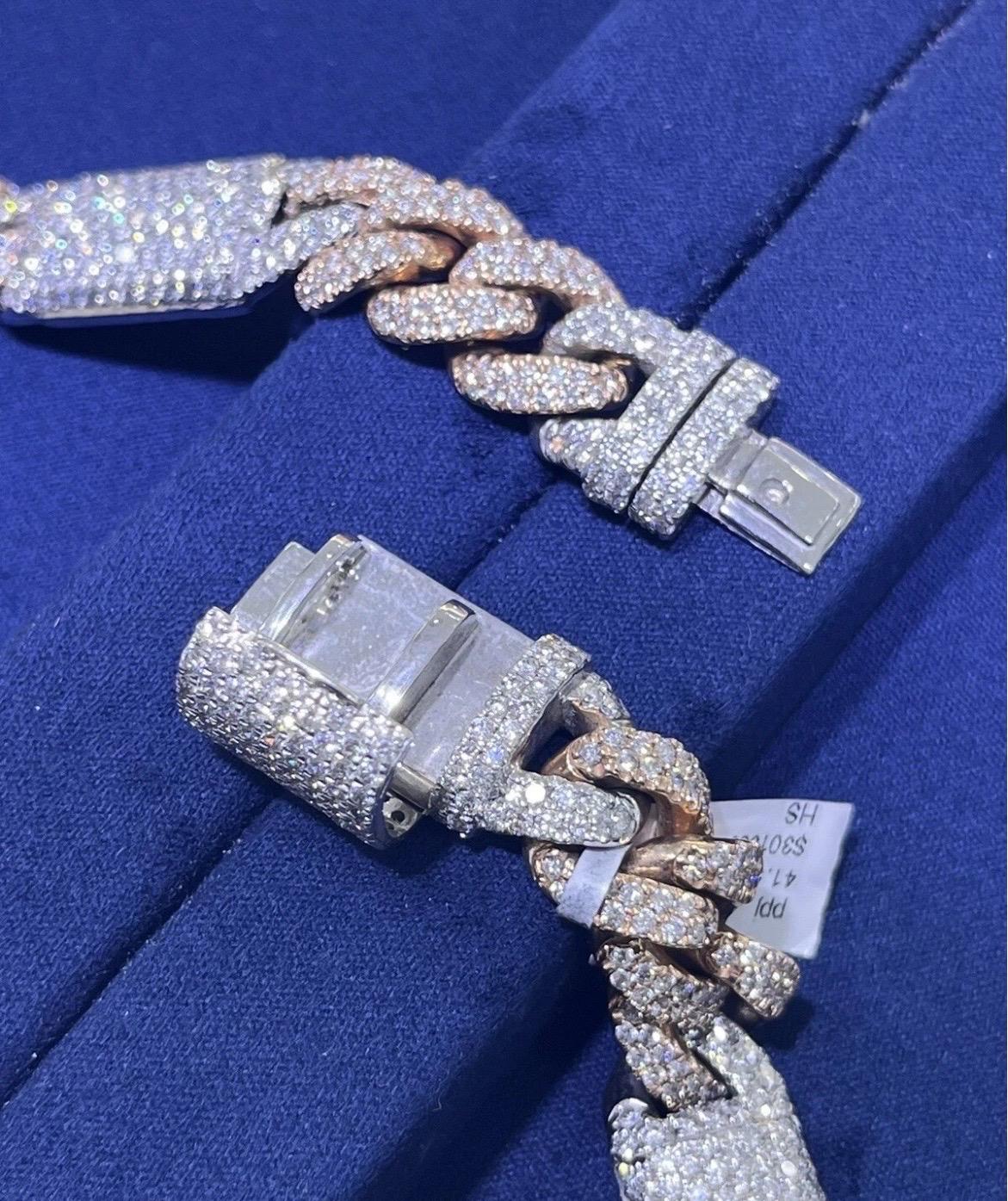 14k Solid Two-Tone Rose & White Gold Natural Diamond Miami Cuban Link Chain For Sale 14