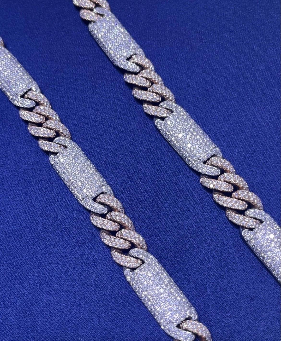 14k Solid Two-Tone Rose & White Gold Natural Diamond Miami Cuban Link Chain For Sale 15