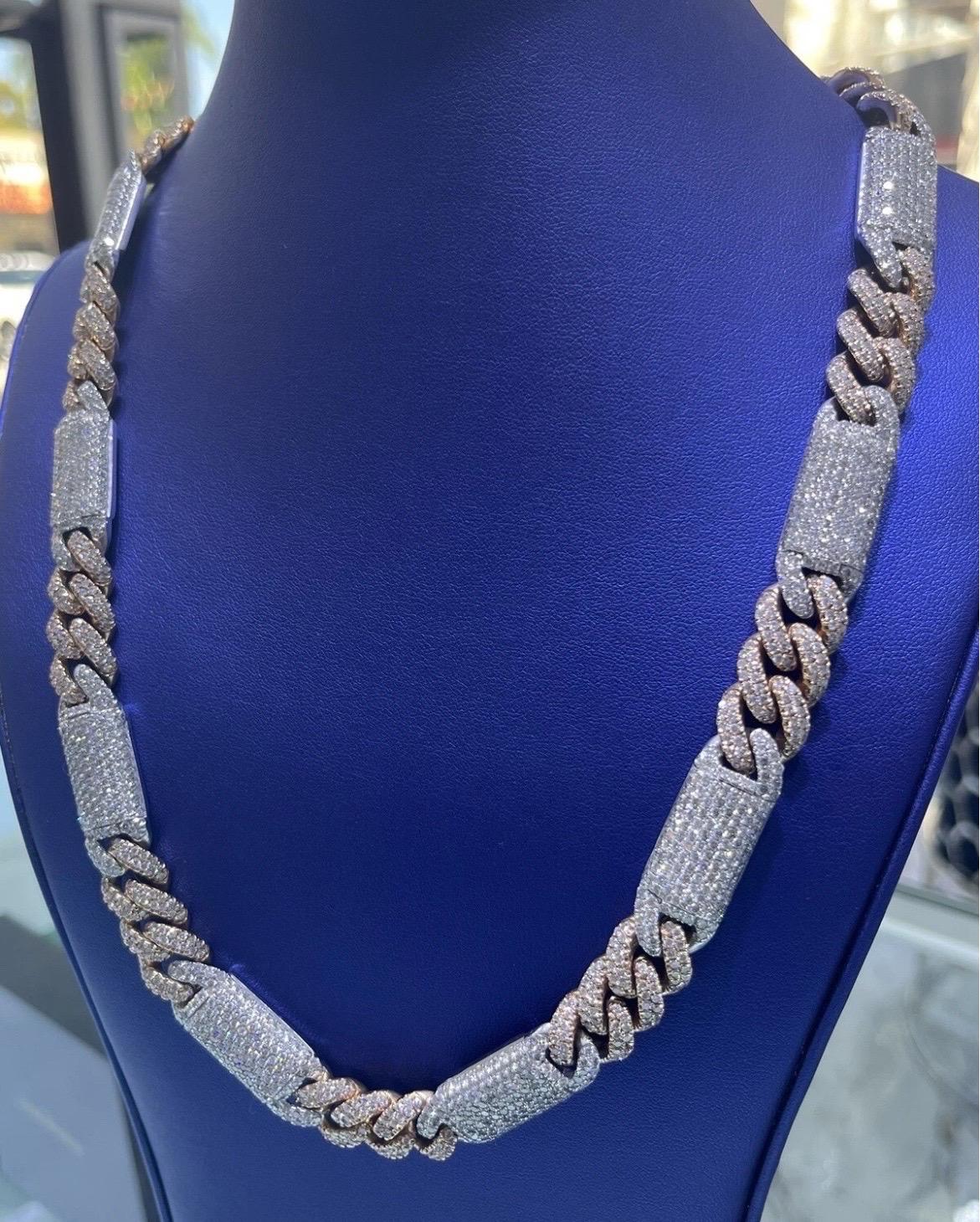 Round Cut 14k Solid Two-Tone Rose & White Gold Natural Diamond Miami Cuban Link Chain For Sale