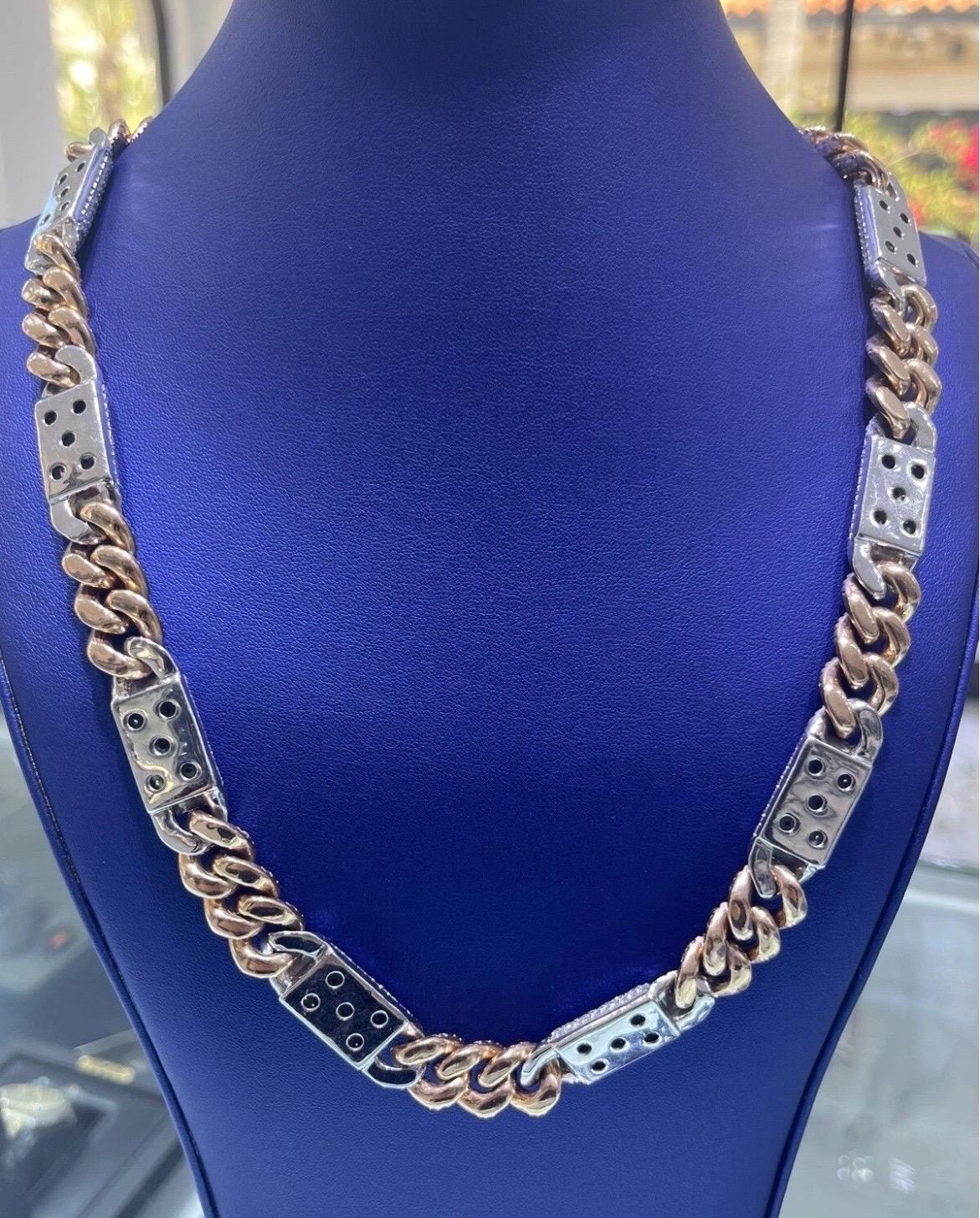 14k Solid Two-Tone Rose & White Gold Natural Diamond Miami Cuban Link Chain In Excellent Condition For Sale In Boca Raton, FL