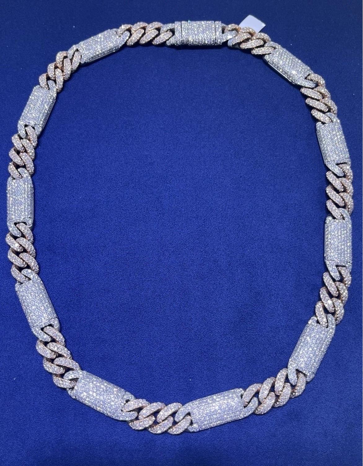 Men's 14k Solid Two-Tone Rose & White Gold Natural Diamond Miami Cuban Link Chain For Sale