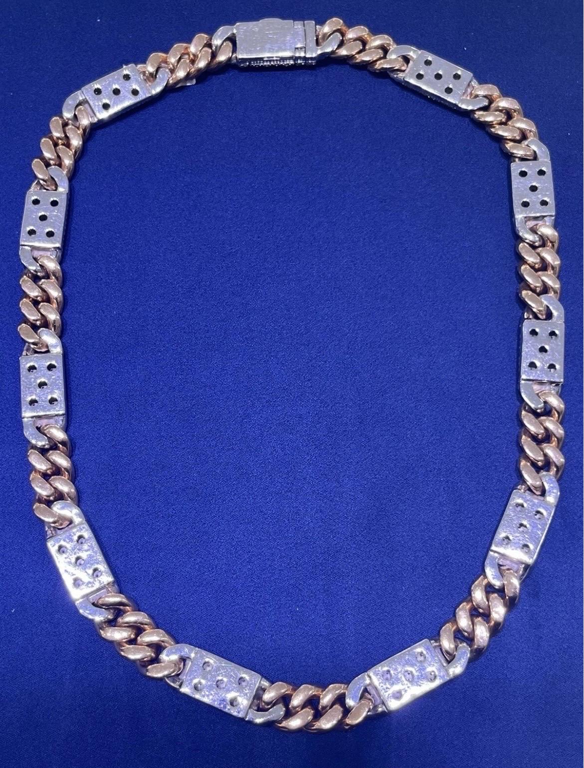 14k Solid Two-Tone Rose & White Gold Natural Diamond Miami Cuban Link Chain For Sale 1