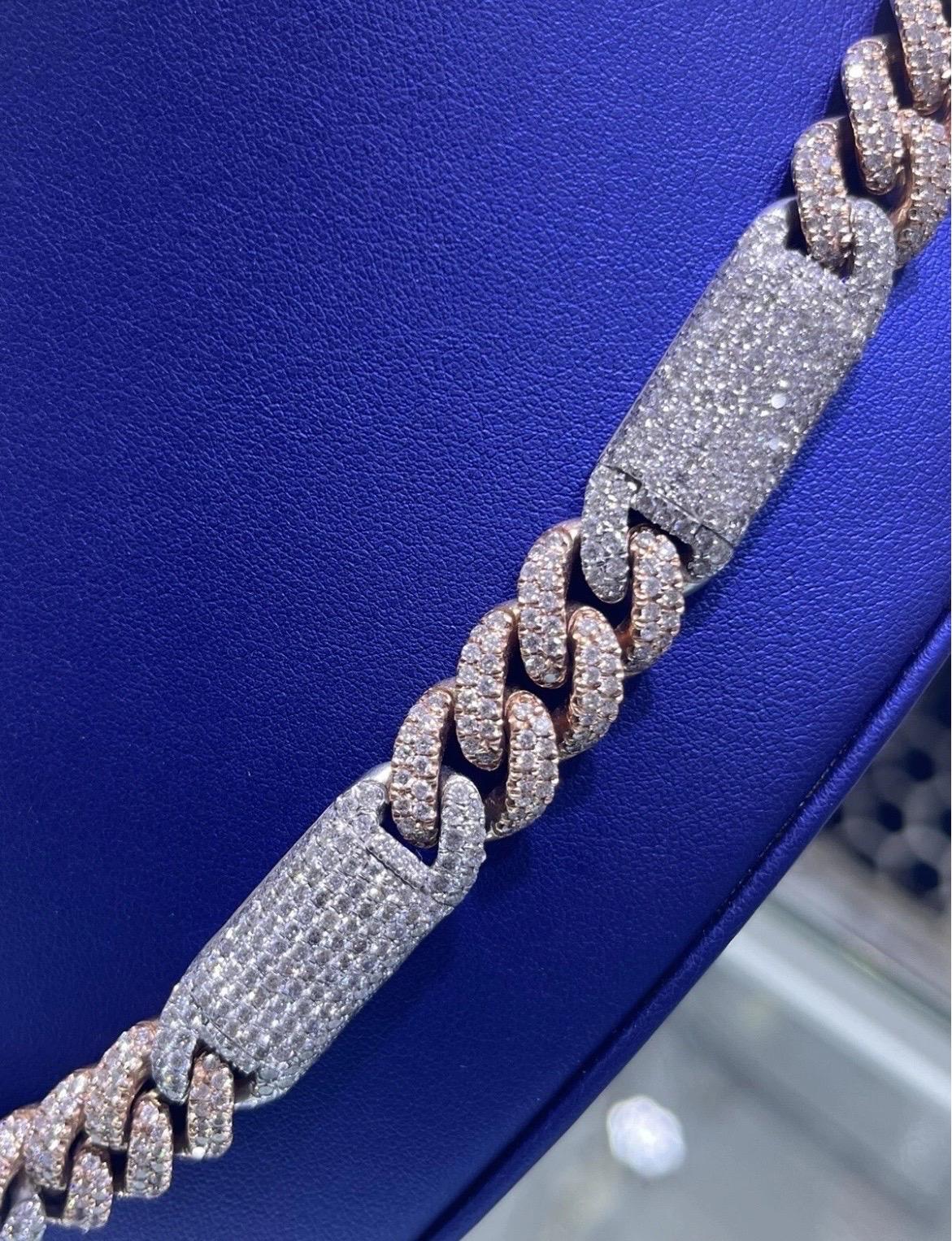 14k Solid Two-Tone Rose & White Gold Natural Diamond Miami Cuban Link Chain For Sale 2