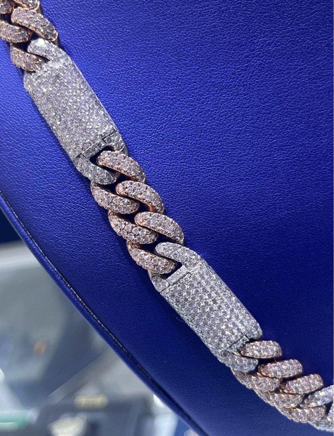 14k Solid Two-Tone Rose & White Gold Natural Diamond Miami Cuban Link Chain For Sale 3