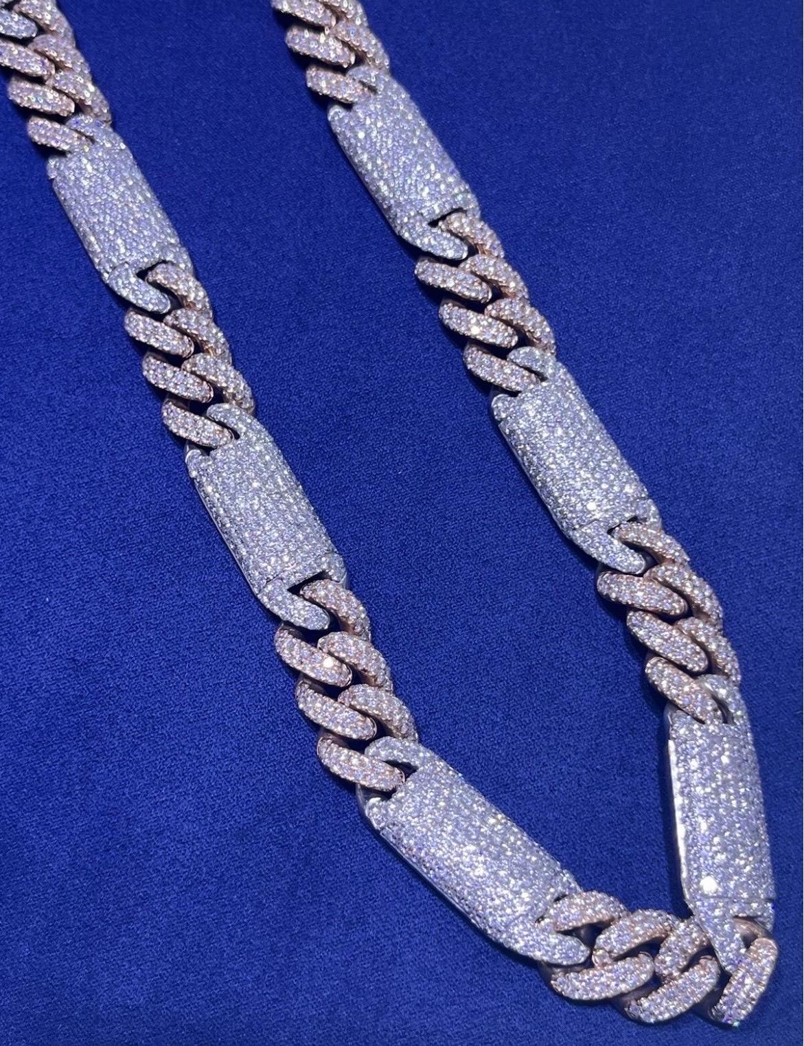 14k Solid Two-Tone Rose & White Gold Natural Diamond Miami Cuban Link Chain For Sale 4