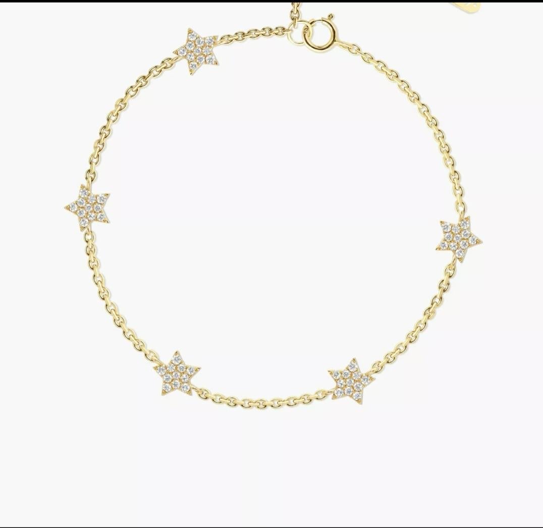 Round Cut 14k Solid White Diamond Star Stations Bracelet Gold Anniversary For Sale