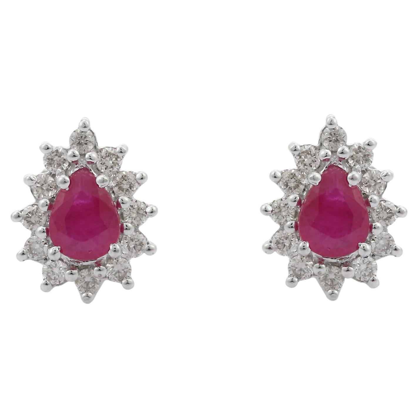 14K Solid White Gold Alluring Dainty Diamond Ruby Stud Earrings For Her 