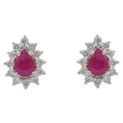 14K Solid White Gold Alluring Dainty Diamond Ruby Stud Earrings For Her