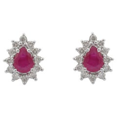 14K Solid White Gold Alluring Dainty Diamond Ruby Stud Earrings For Her 