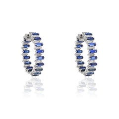 14k Solid White Gold Blue Sapphire and Diamond Hoop Earrings, Gift For Christmas