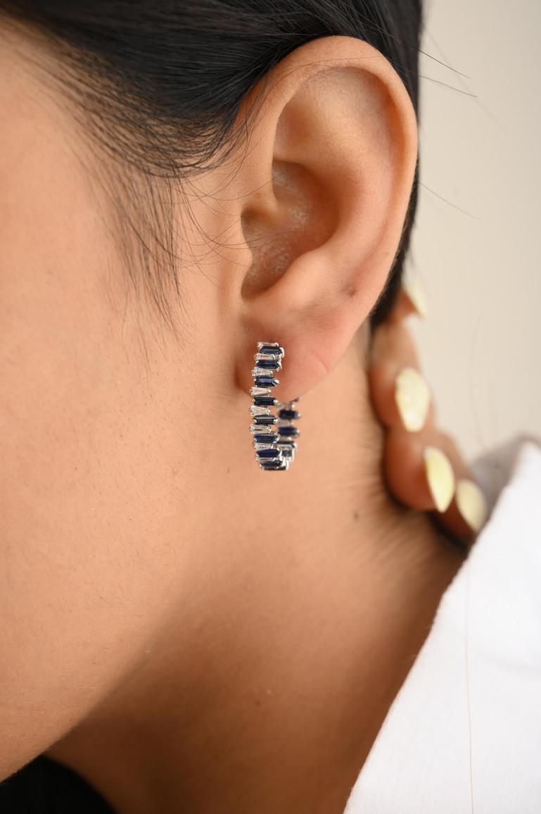 Modern 14k Solid White Gold Blue Sapphire and Diamond Hoop Earrings, Gift For Christmas For Sale