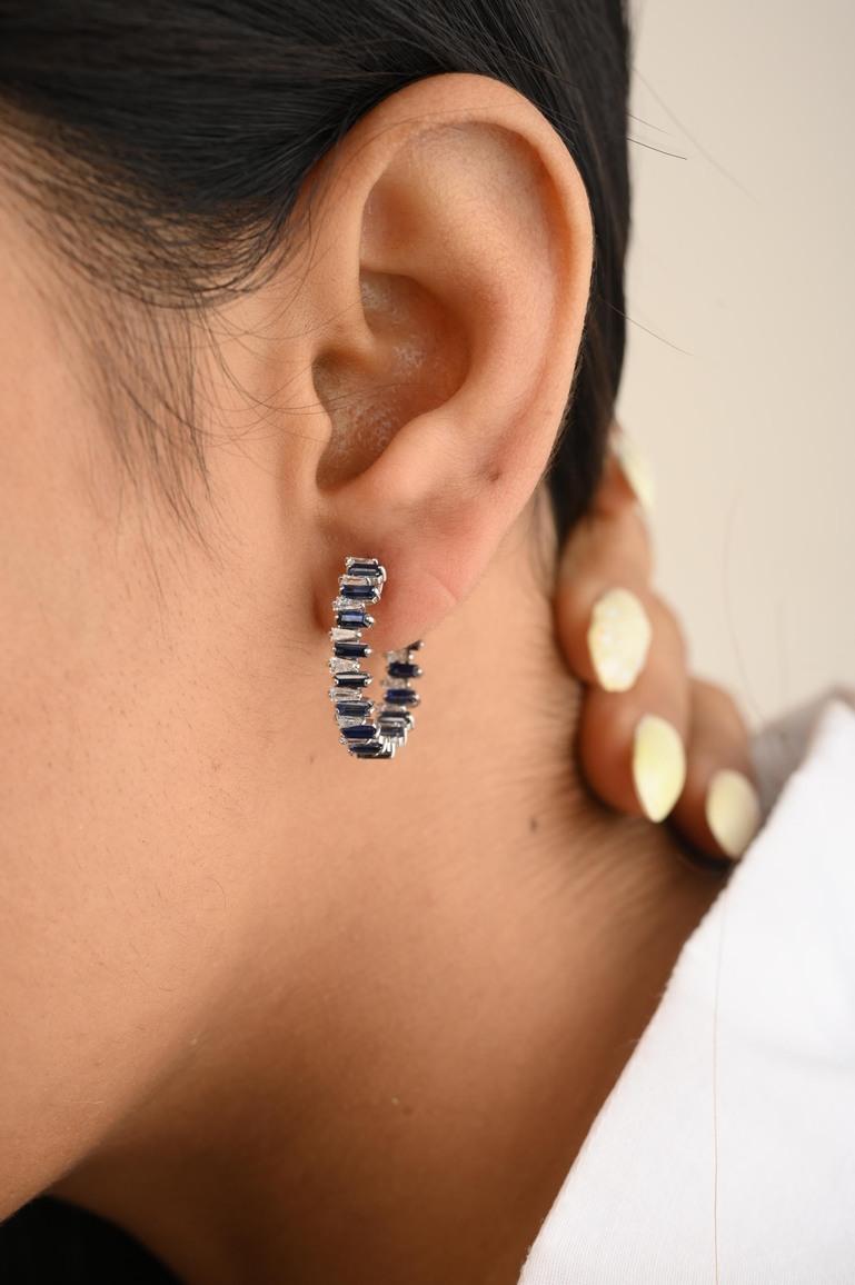 Baguette Cut 14k Solid White Gold Blue Sapphire and Diamond Hoop Earrings, Gift For Christmas For Sale