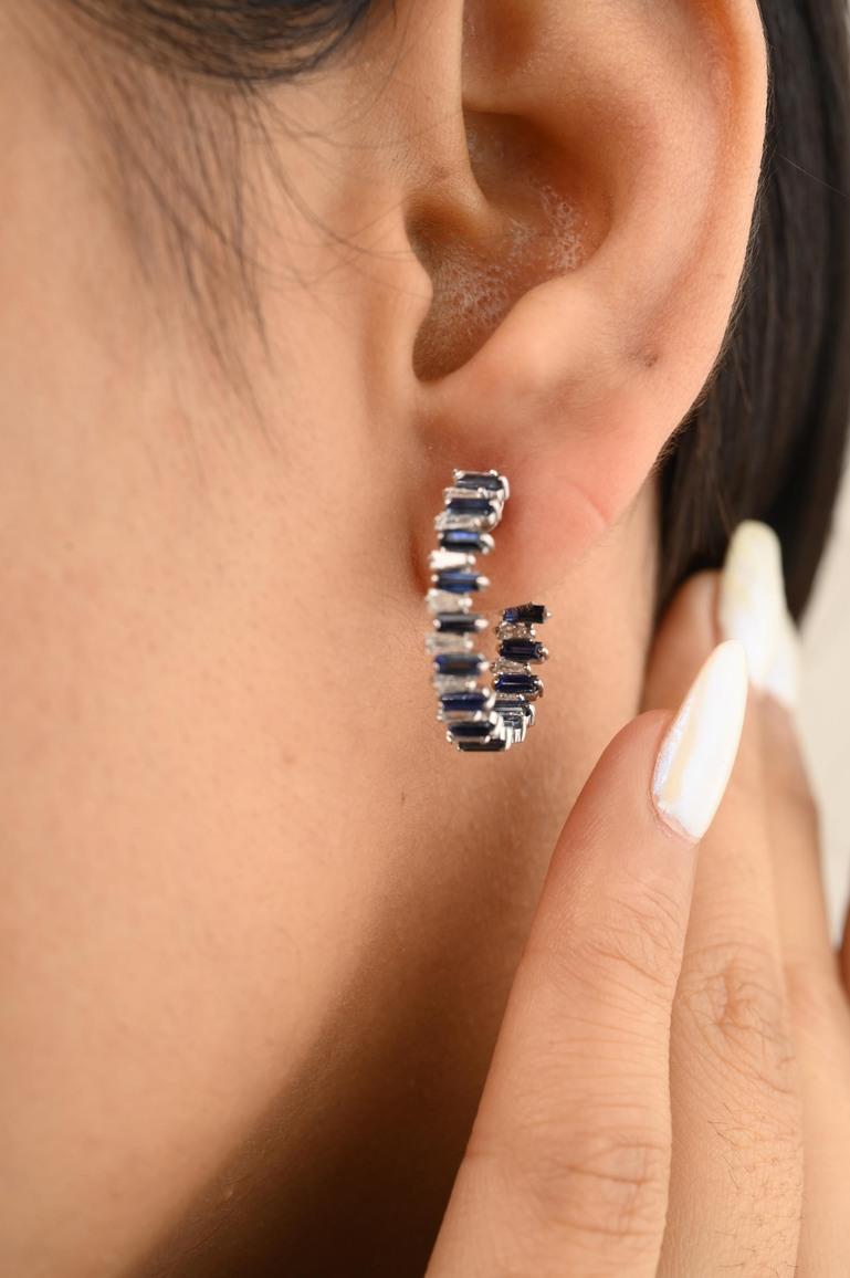 14k Solid White Gold Blue Sapphire and Diamond Hoop Earrings, Gift For Christmas In New Condition For Sale In Houston, TX