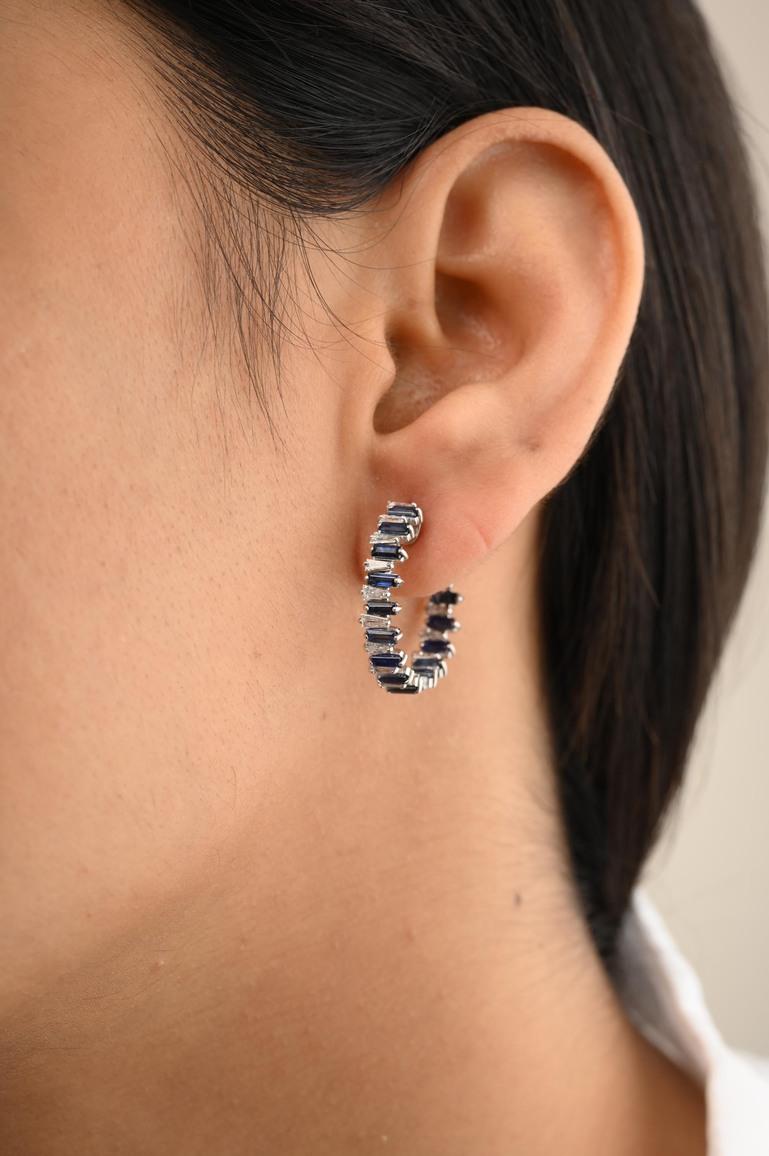 14k Solid White Gold Blue Sapphire and Diamond Hoop Earrings, Gift For Christmas For Sale 1